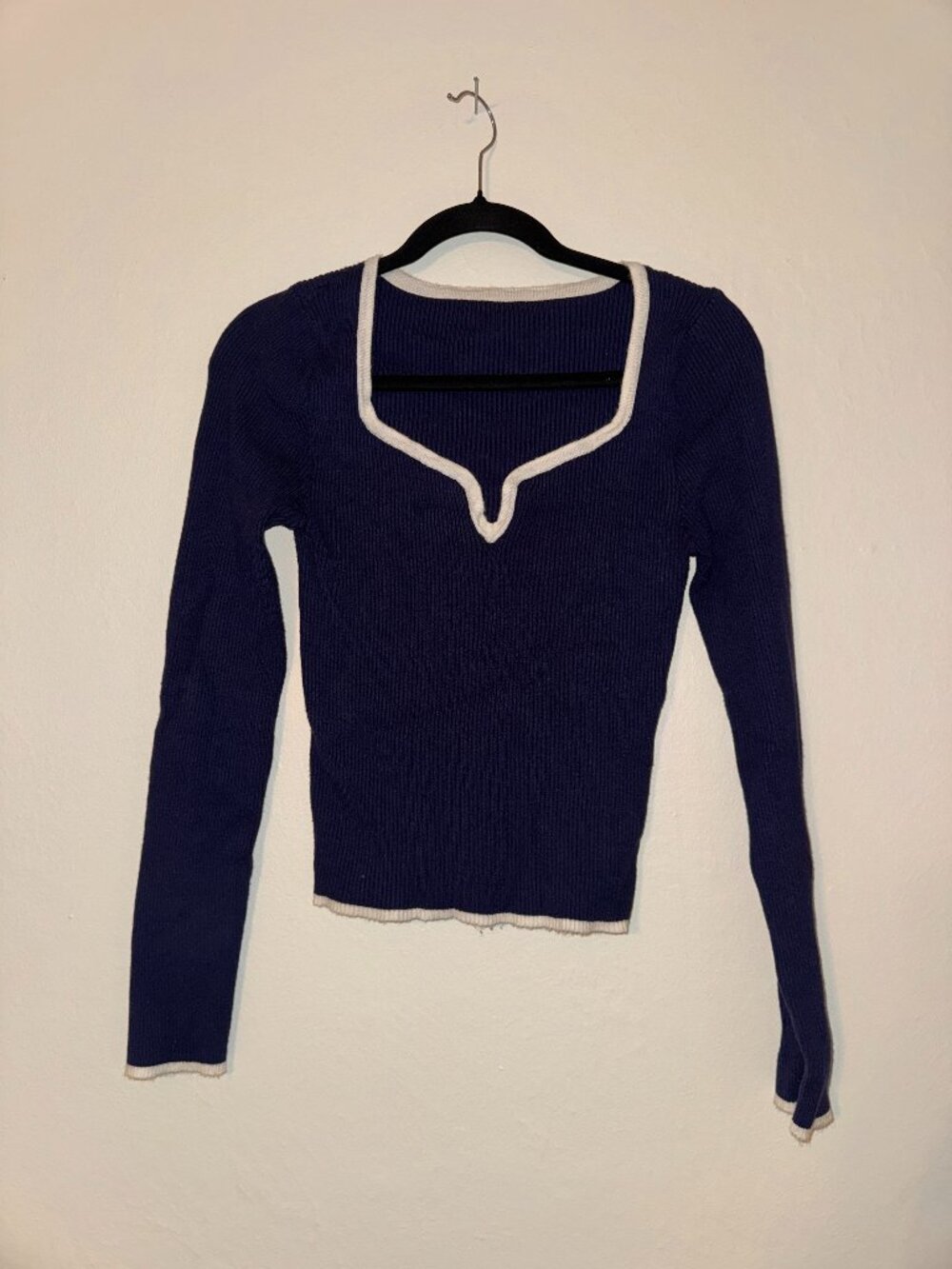 Navy Blue Ribbed Long Sleeve Sweetheart Notched Neck Sweater White Trim